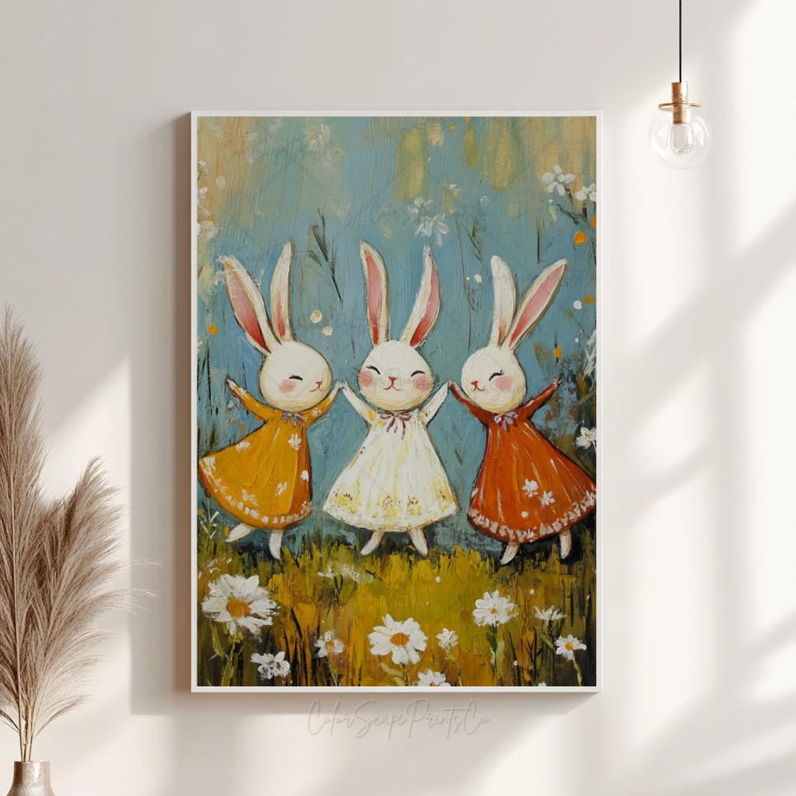 Dancing Bunny Trio Daisy Meadow Whimsical Rabbit Nursery Art Poster - Image 3