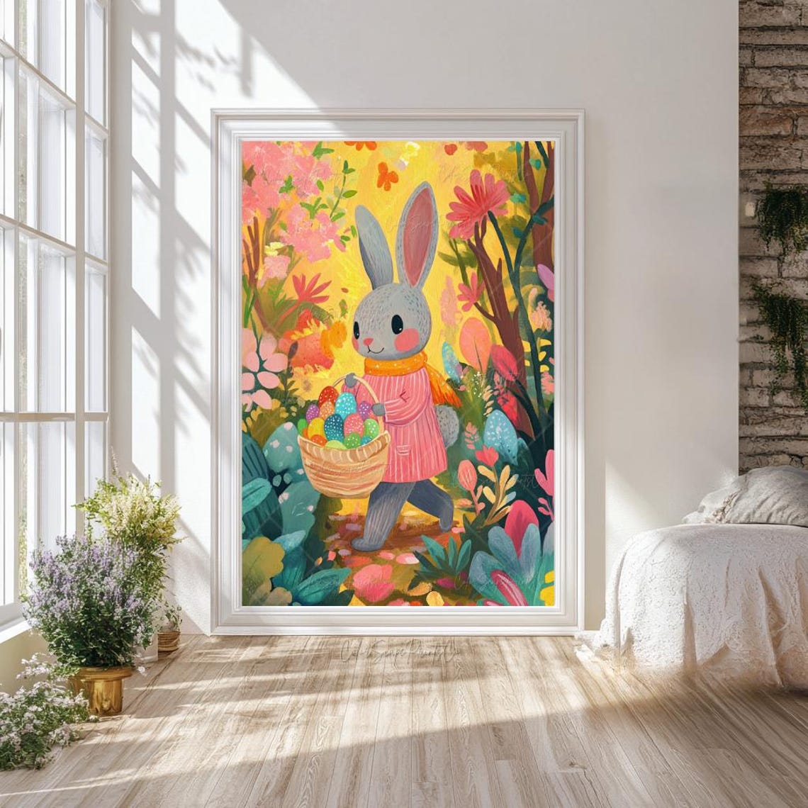 Easter Bunny Basket Eggs Painting Whimsical Forest Flower Poster - Image 2