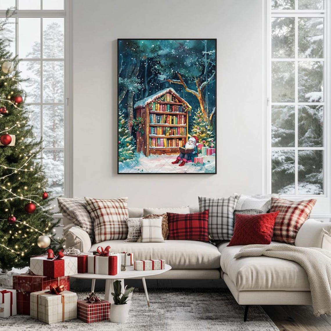 Santa Reading at The Open Bookshop Snowy Forest Library Poster - Image 2