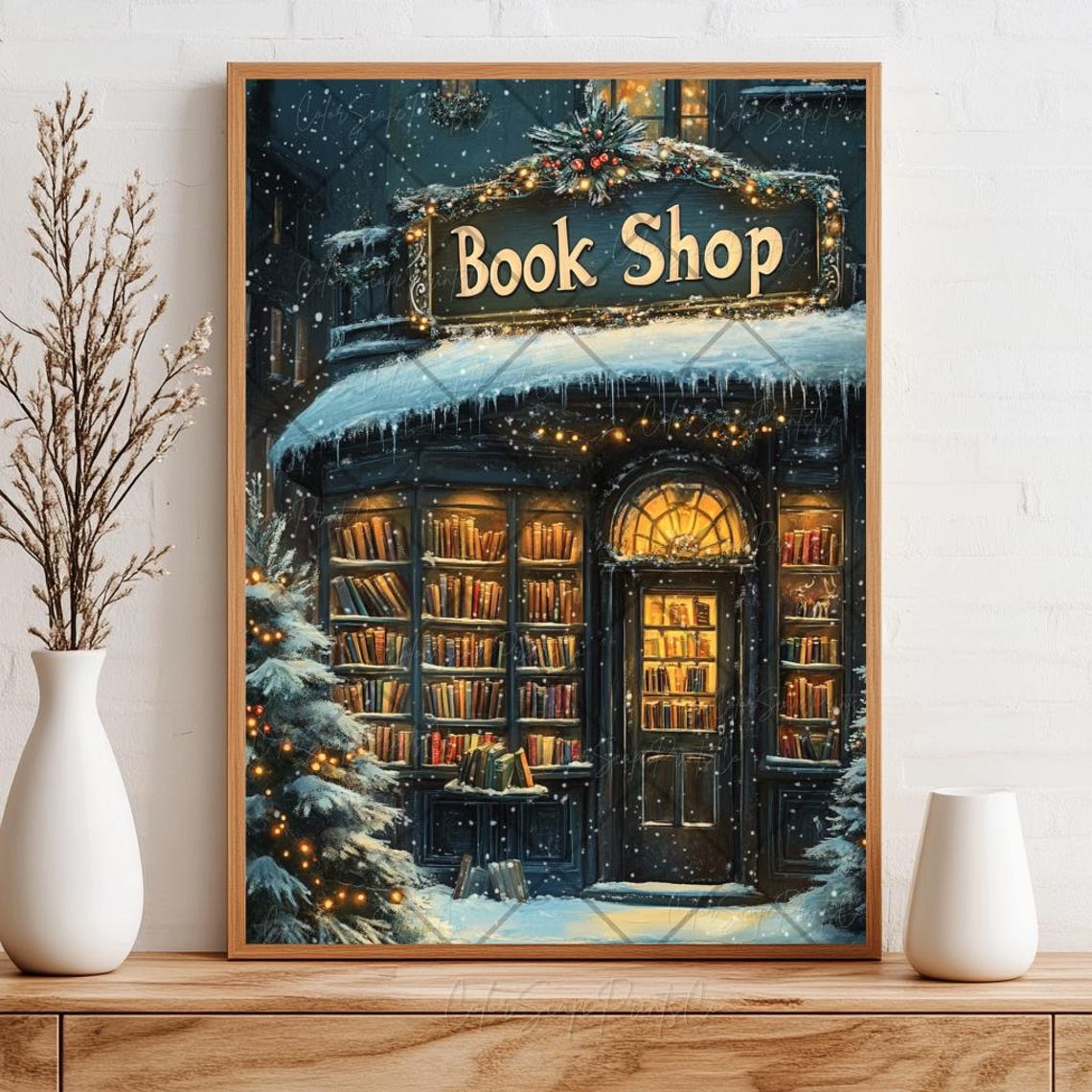 Cozy Book Shop Storefront in the Snow at Night Glowing Windows Poster - Image 4