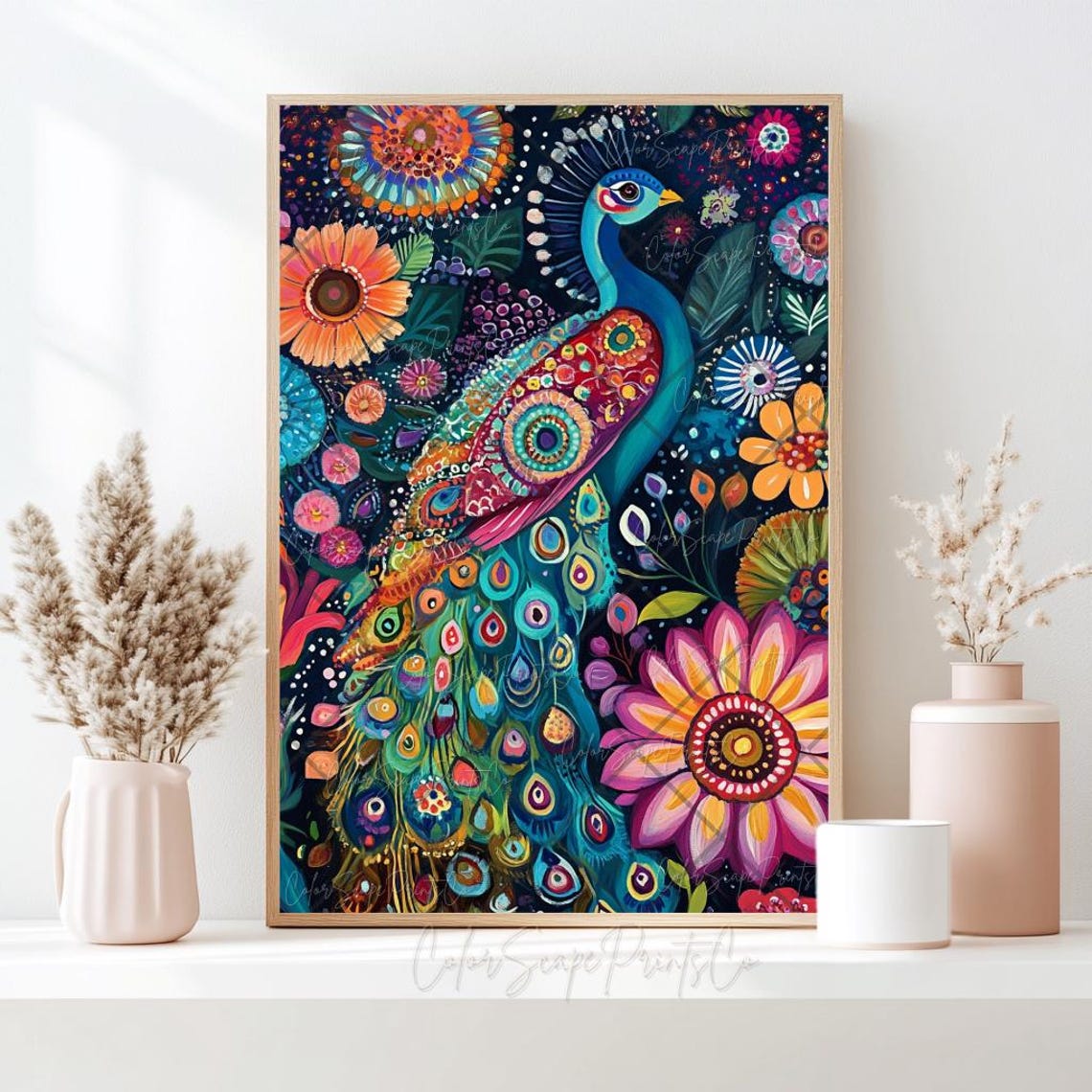 Vibrant Peacock Mandala Flower Garden Dark Botanical Art Poster - Image 4