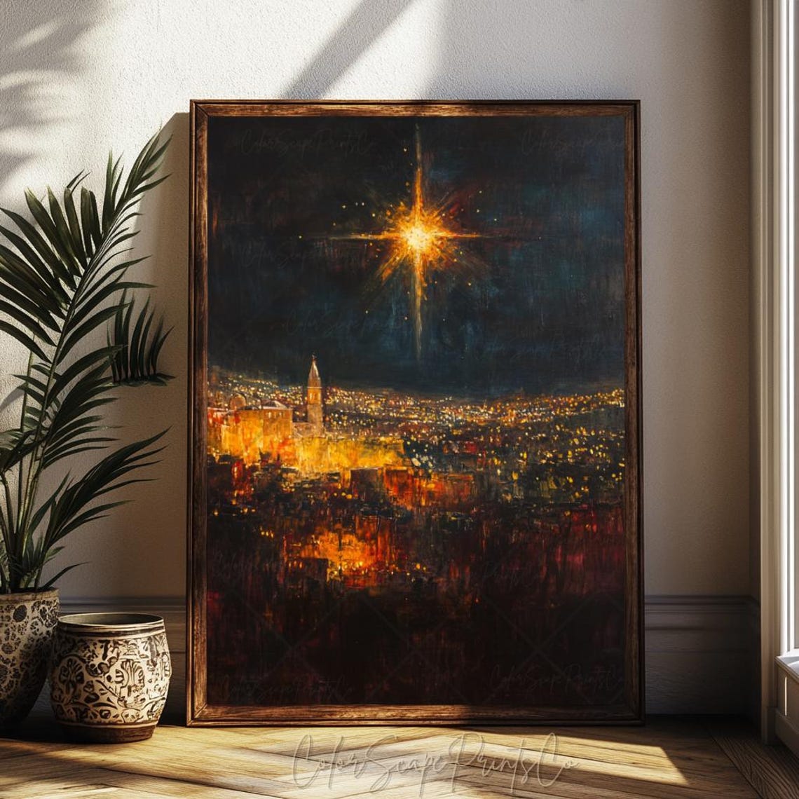 Star of Bethlehem Bright Glowing Night Sky Holy Town Lights Poster - Image 2