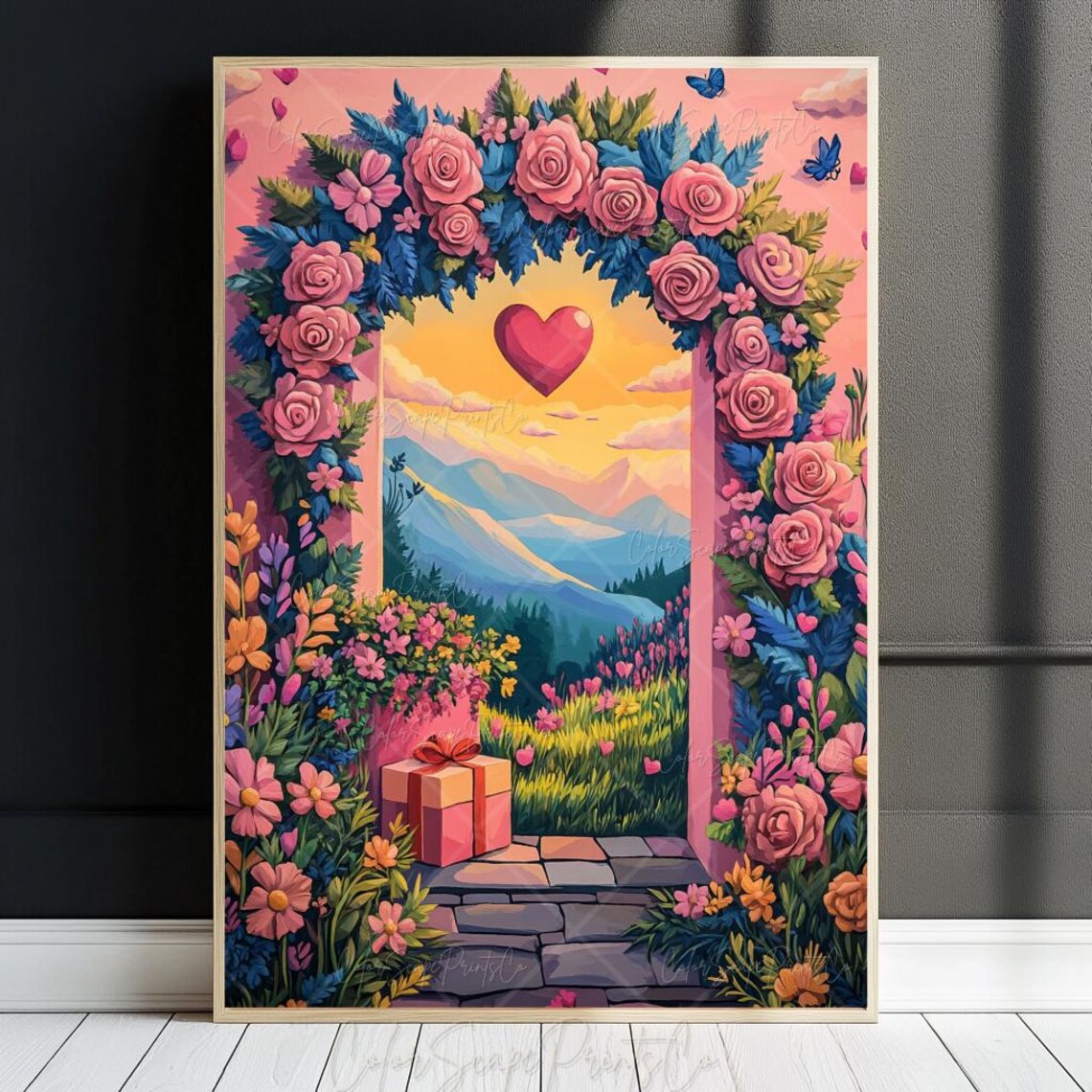 Valentine Floral Archway Painting Roses Heart Mountain Sunset Poster - Image 2