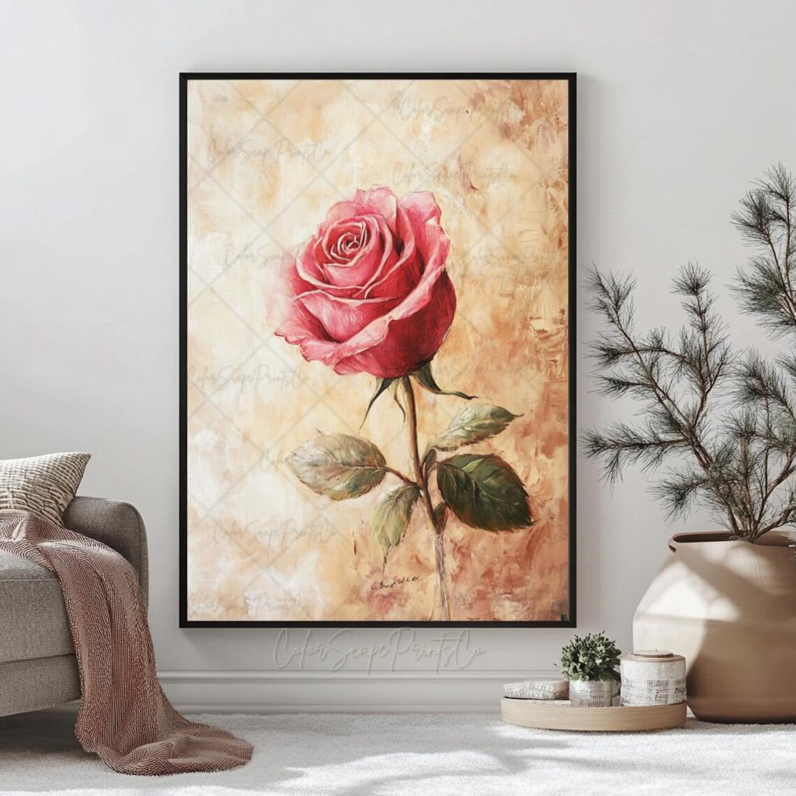 Red Rose Vintage Oil Painting Poster on Textured Warm Beige Background - Image 2