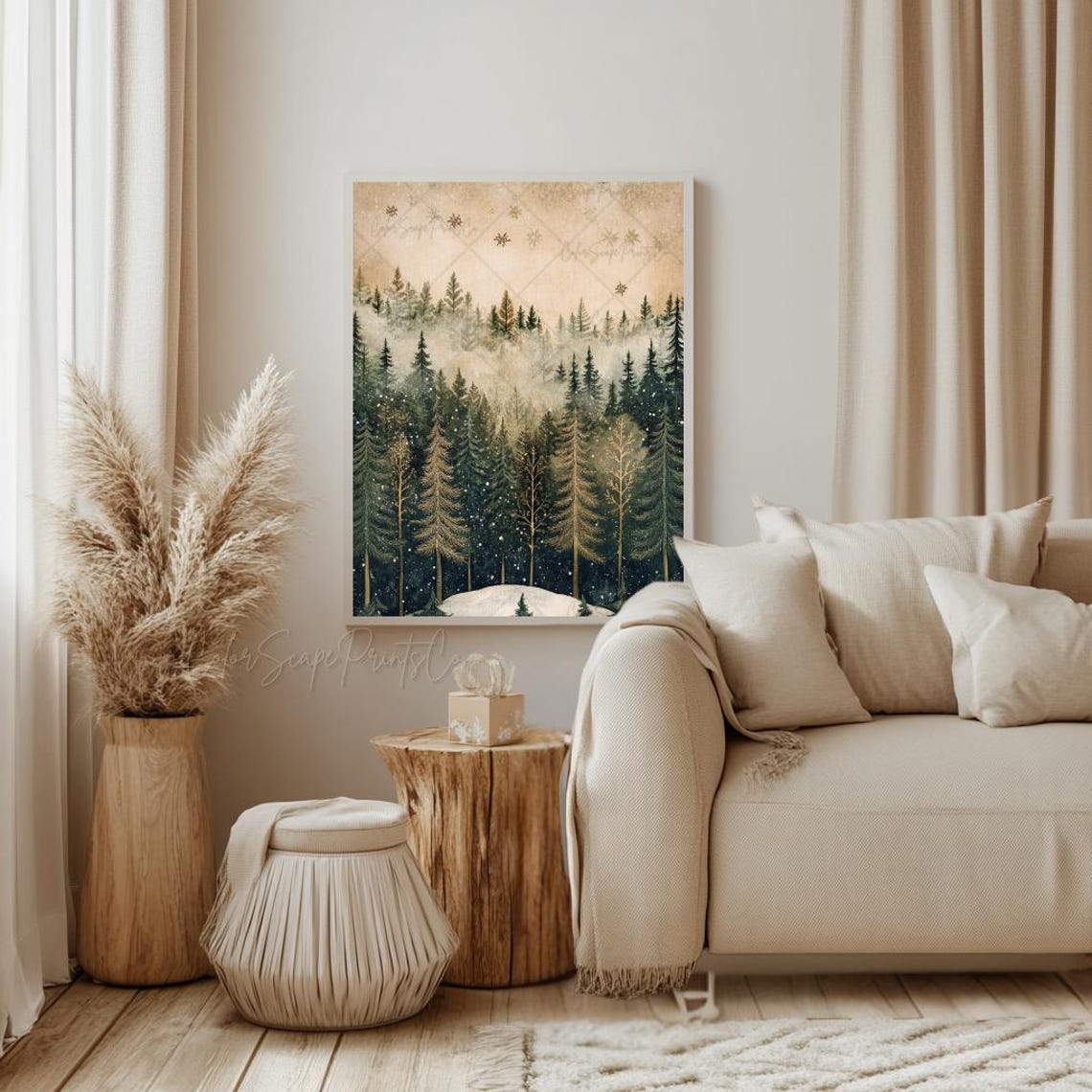 Golden Snowy Evergreen Forest Watercolor Winter Landscape Poster - Image 2