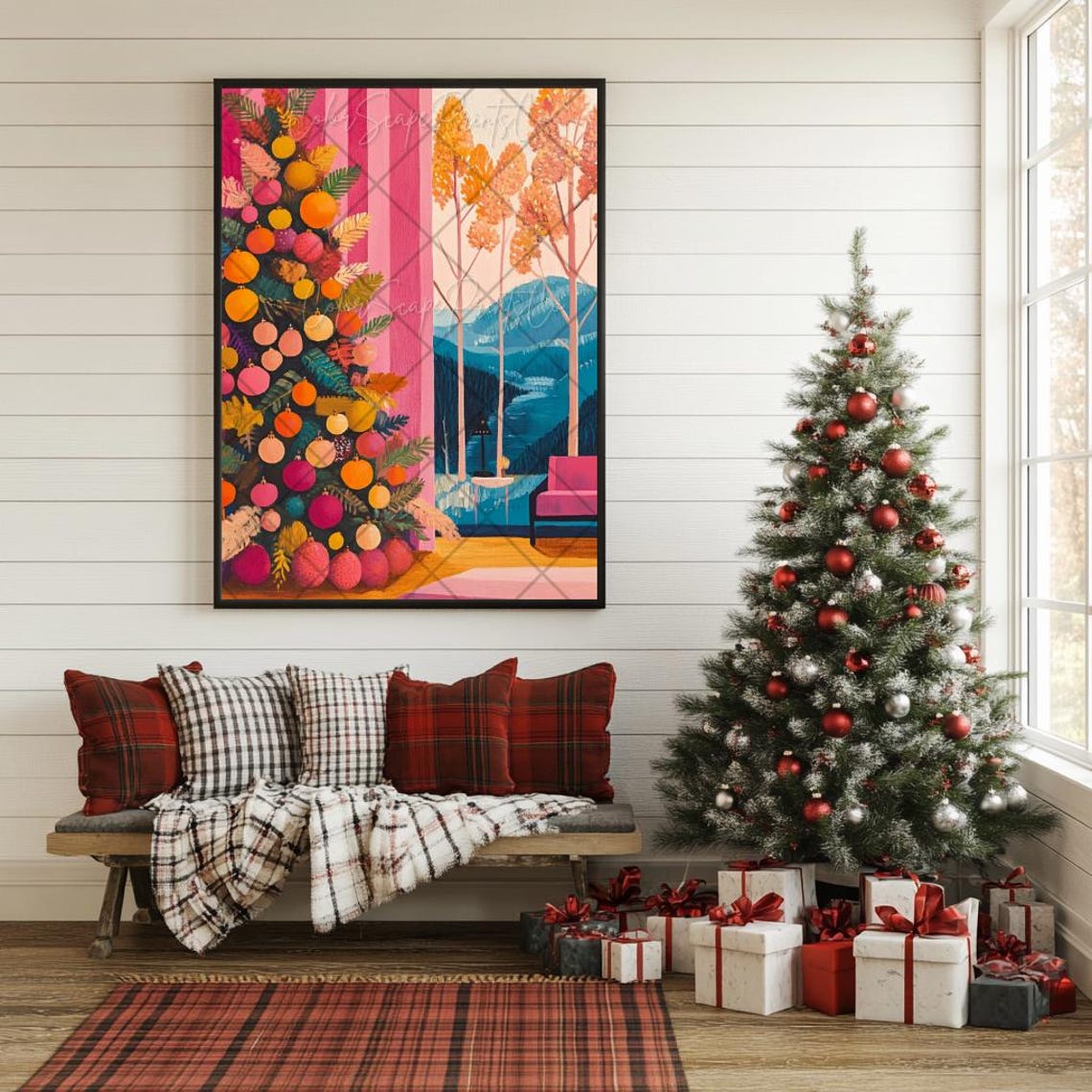 Bold Pink Orange Christmas Tree by Window Overlooking Mountains Poster - Image 4