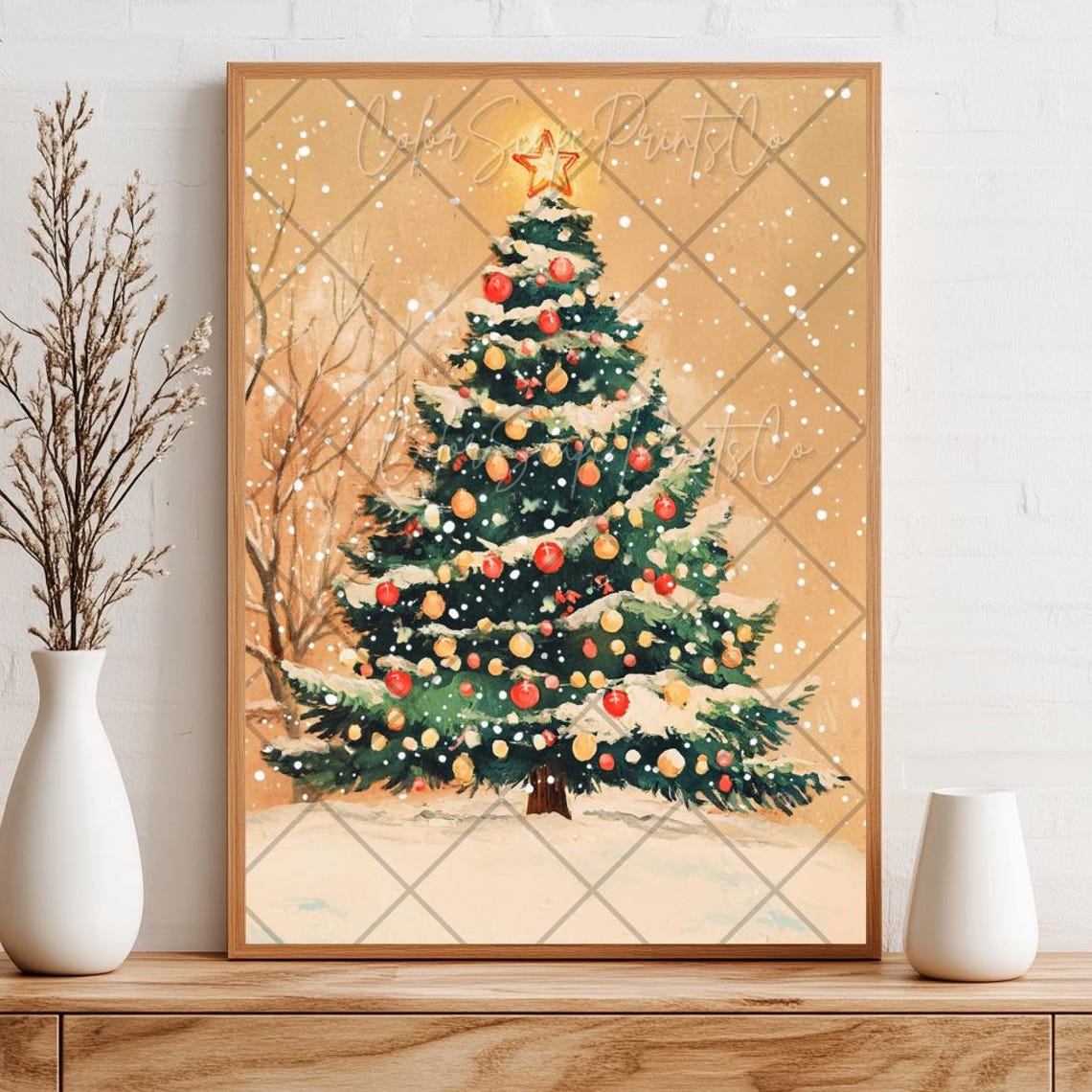 Snowy Christmas Tree with Red and Gold Ornaments Warm Beige Poster