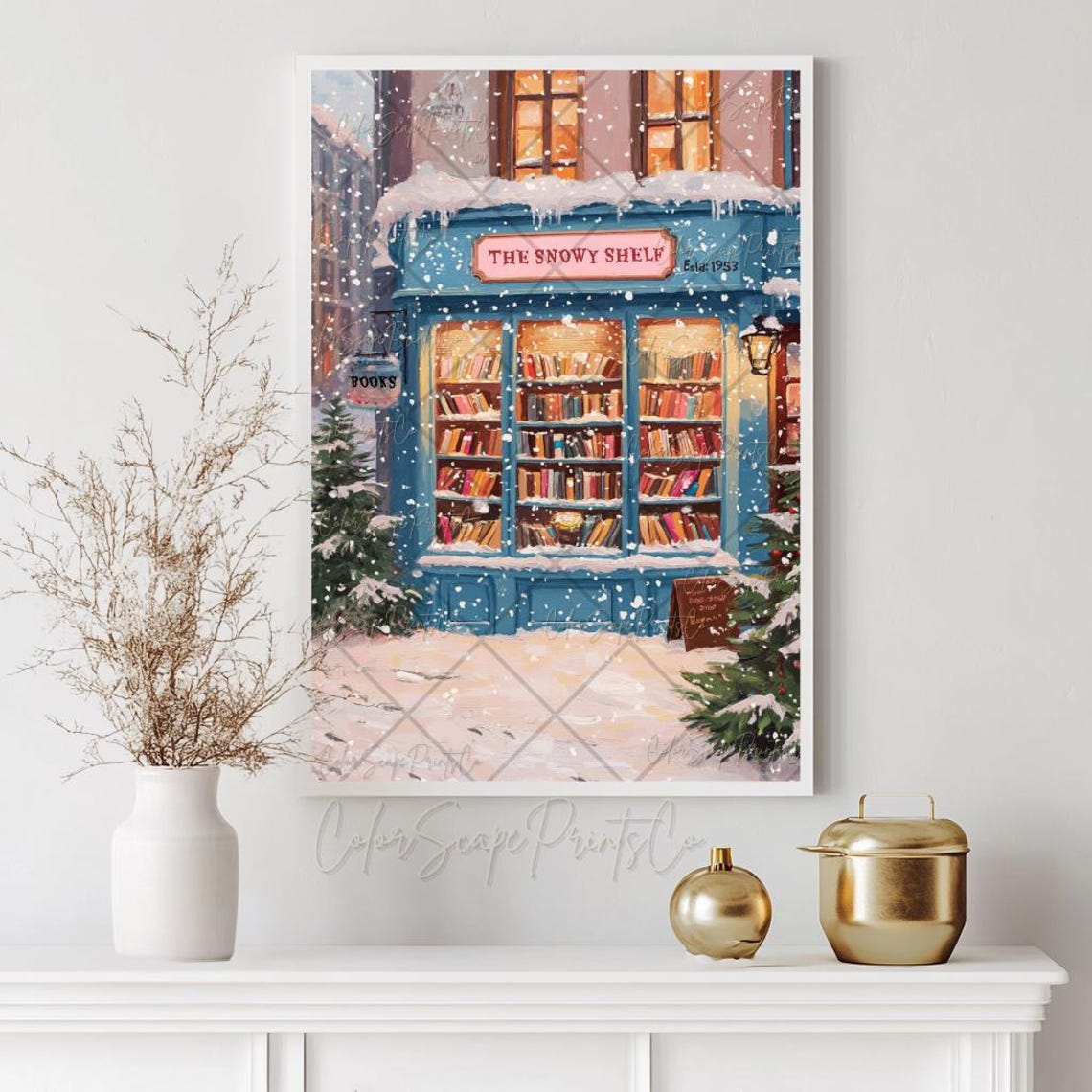 The Snowy Shelf Bookstore Winter Night Snowy Bookshop Poster - Image 2