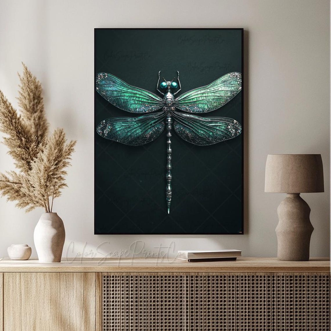 Dragonfly Painting Dark Green Metallic Jewel Wings Poster Art - Image 3