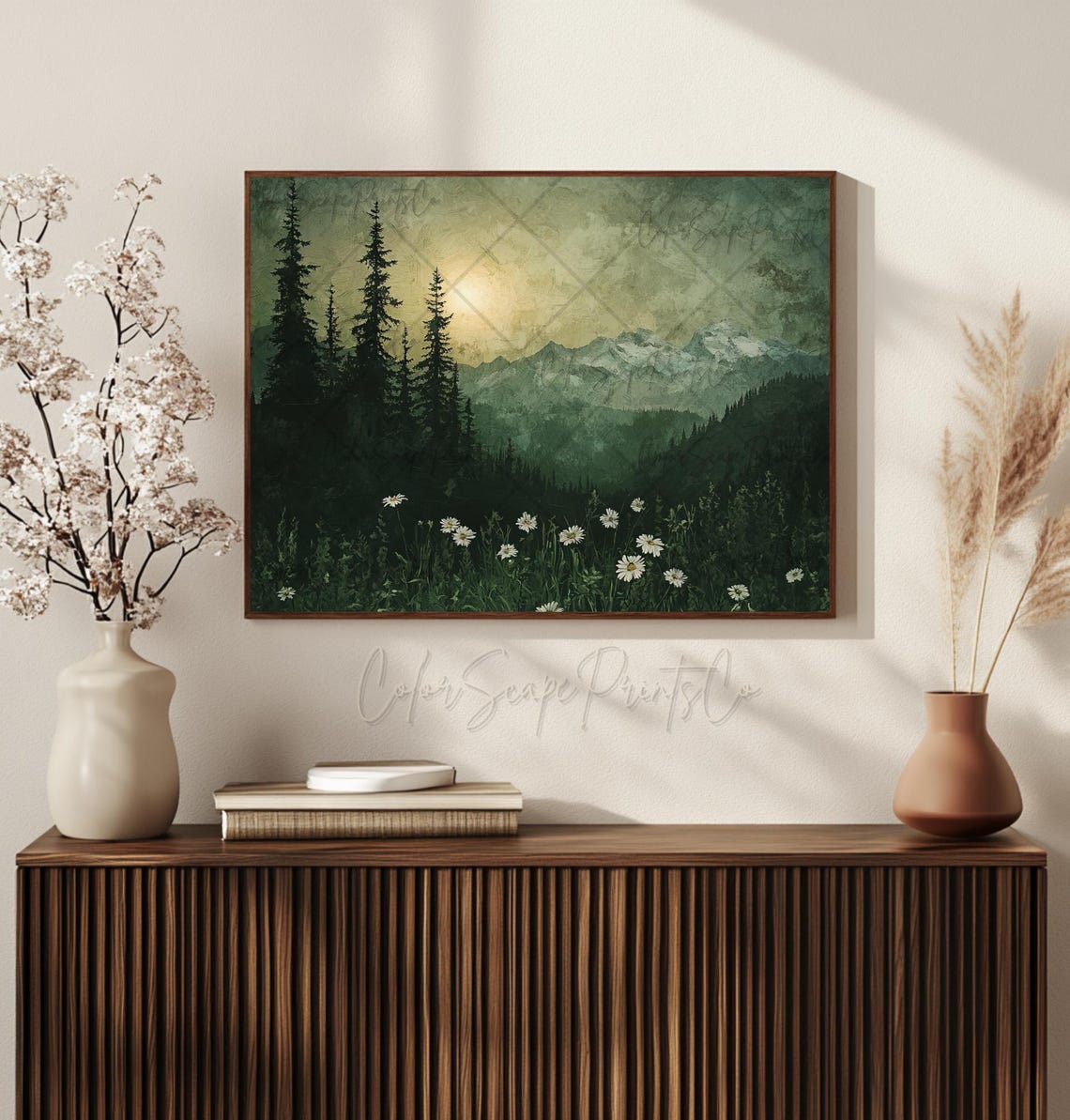 Moonlit Pine Forest Night Daisies Moody Green Landscape Poster - Image 2