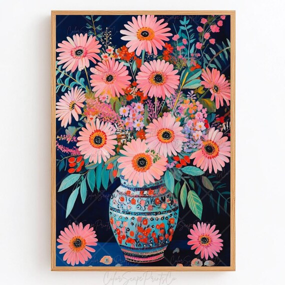 Pink Daisy Flower Vase Print Painting Flowers In A Spring Art Bold Floral Wall Vibrant Boho Decor