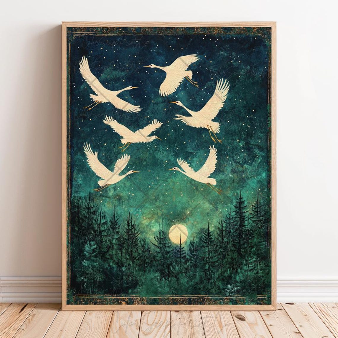 Seven White Cranes Flying Over Moonlit Pine Forest Night Poster - Image 3
