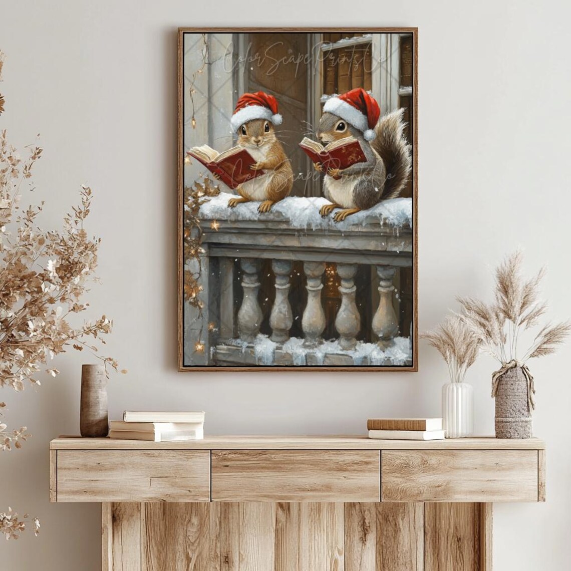 Two Squirrels in Santa Hats Reading Books Snowy Christmas Poster - Image 4