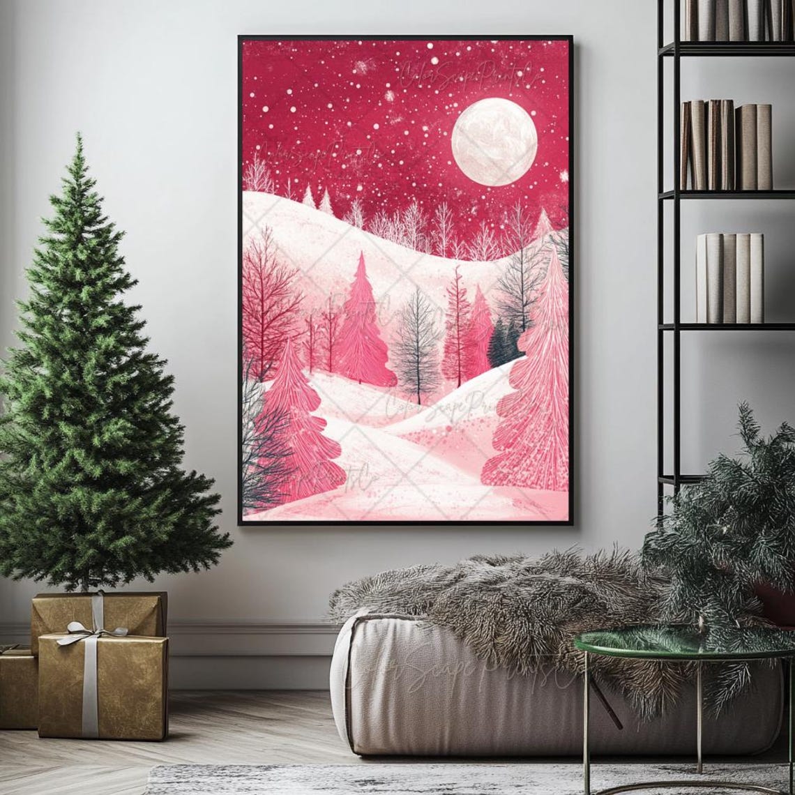 Pink Moonlit Snowy Forest with Full Moon Dreamy Winter Art Poster - Image 2