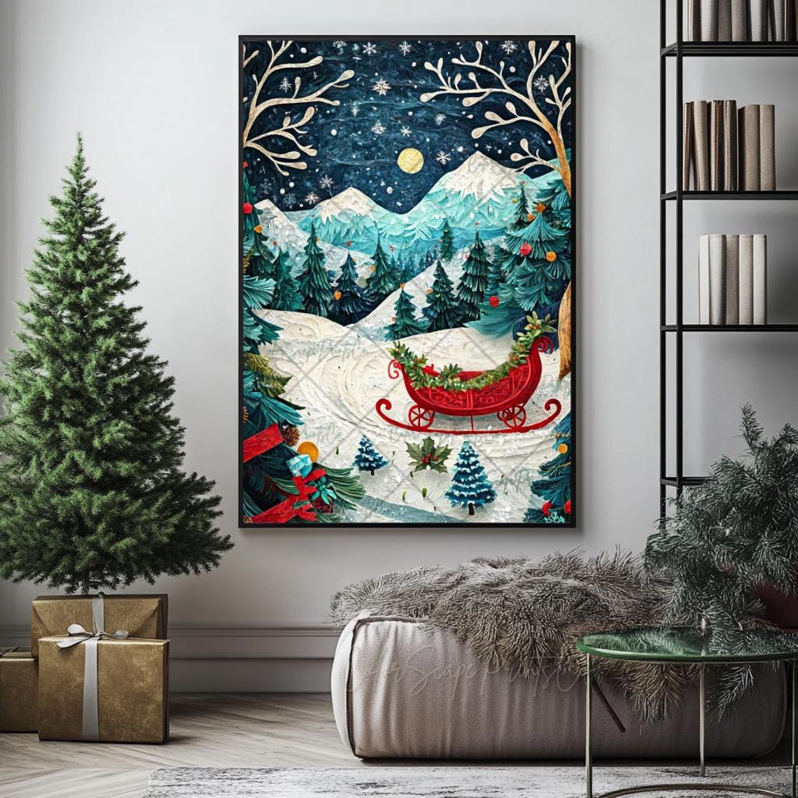 Red Sleigh in Snowy Moonlit Forest Textured Christmas Night Poster - Image 4