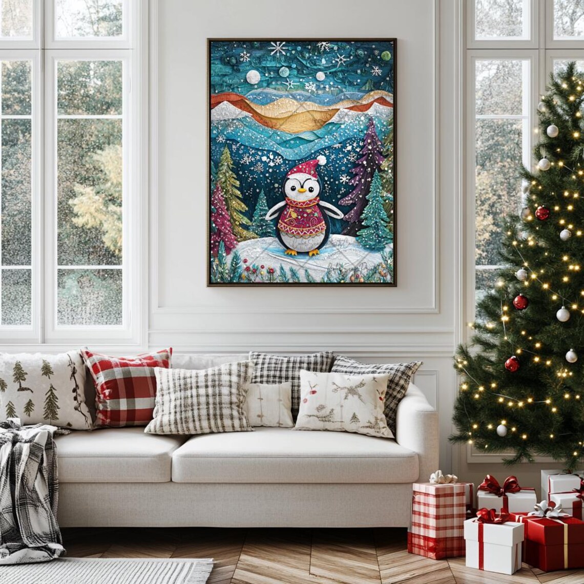 Cute Penguin in Santa Hat Paper Quilling Style Winter Art Poster - Image 3