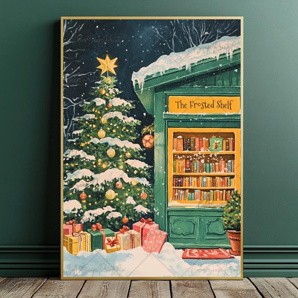 The Frosted Shelf Bookstore Snowy Christmas Night Poster Art - Image 4