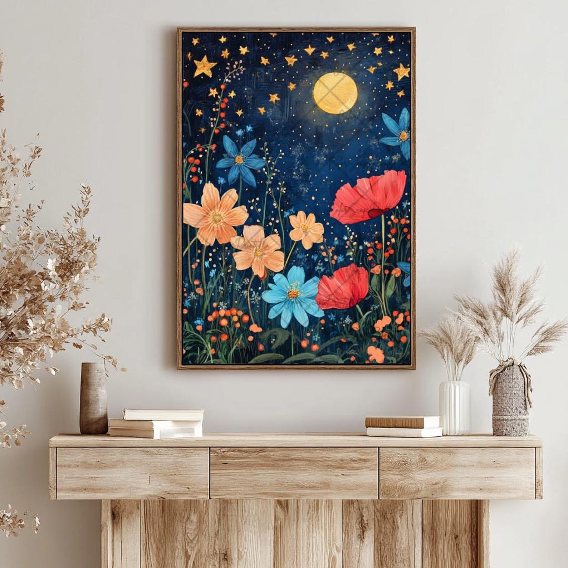 Golden Stars and Moon Over Colorful Wildflowers Night Sky Poster - Image 4