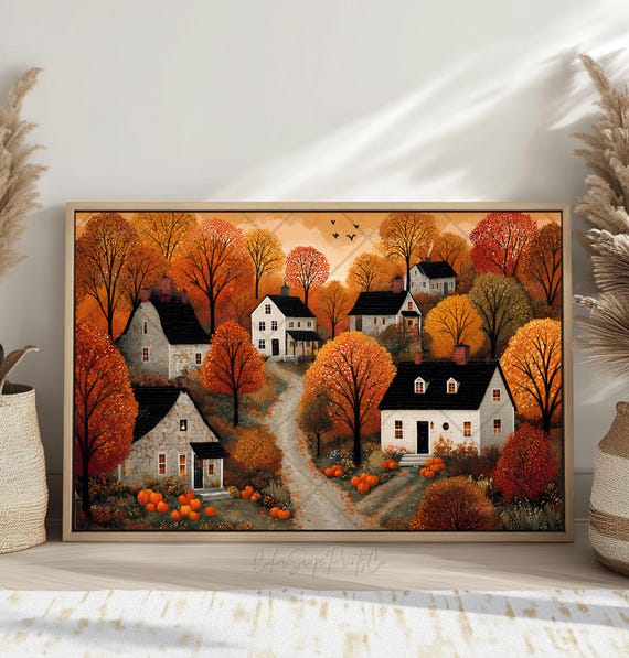 Fall Autumn Village Painting, Cozy House Art Print