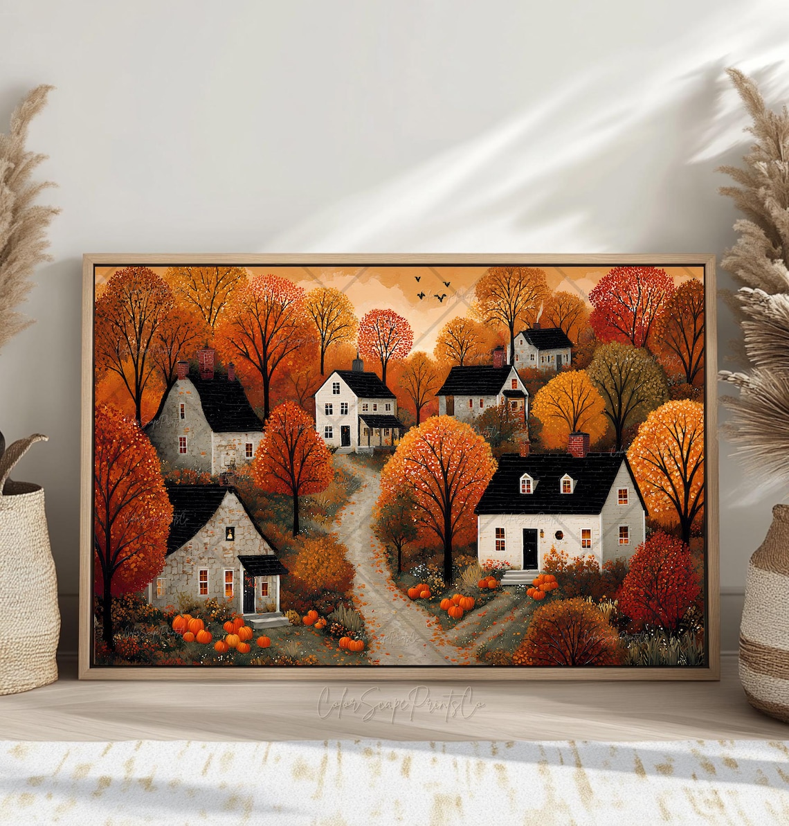 Fall Autumn Village Painting, Cozy House Art Print