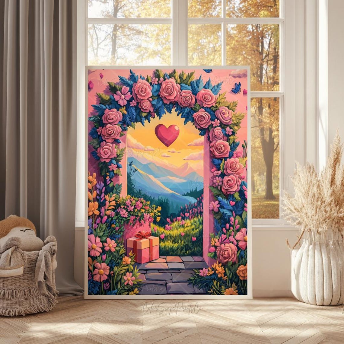 Valentine Floral Archway Painting Roses Heart Mountain Sunset Poster - Image 4