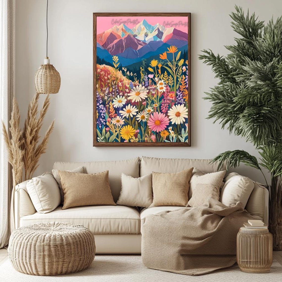 Pink Sky Mountain Wildflower Meadow Daisies Nature Art Poster - Image 4