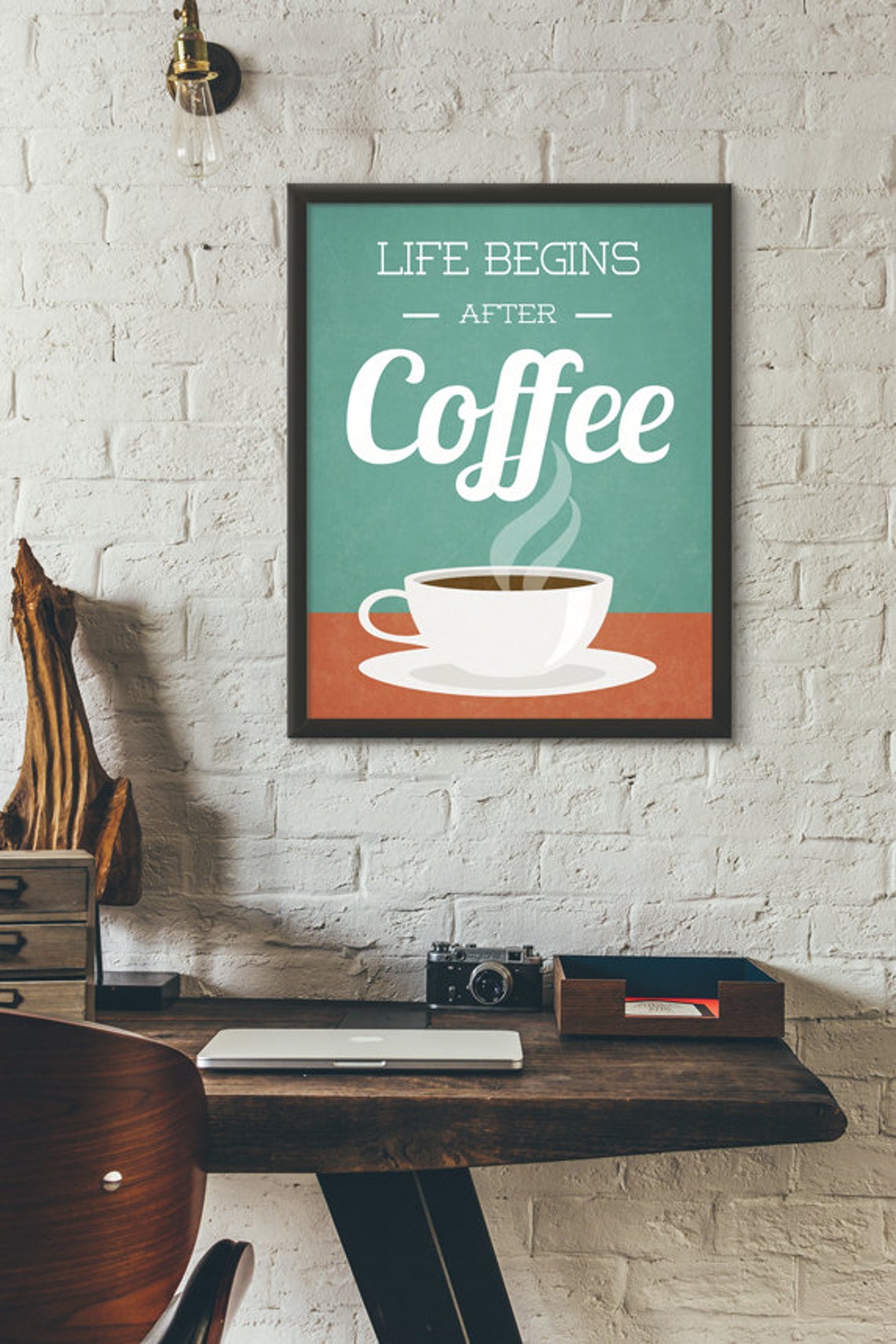Life Begins After Coffee Retro Teal Kitchen Coffee Quote Poster - Image 2