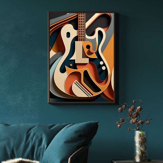Abstract Geometric Guitar Mid Century Modern Music Art Print Poster