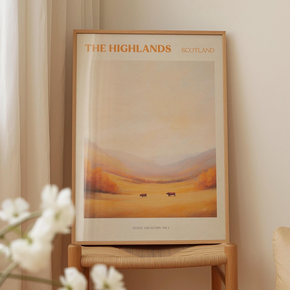 The Highlands Scotland Golden Valley Watercolor Travel Poster