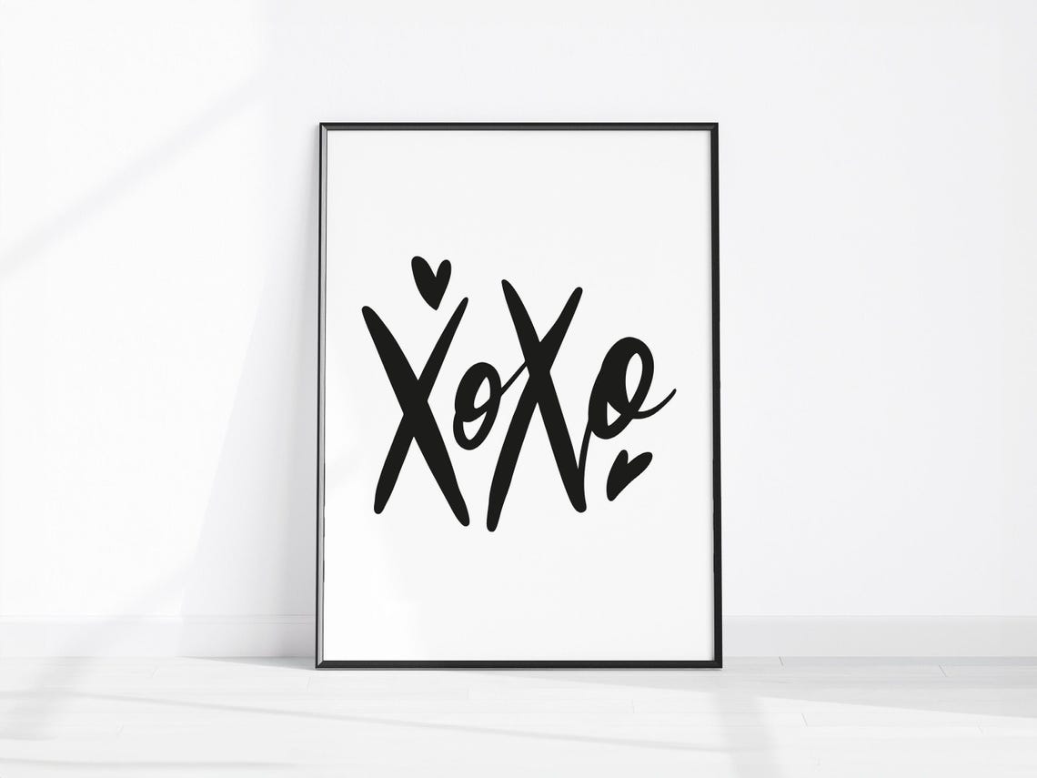 XOXO Brush Script Hearts Minimal Black White Typographic Poster