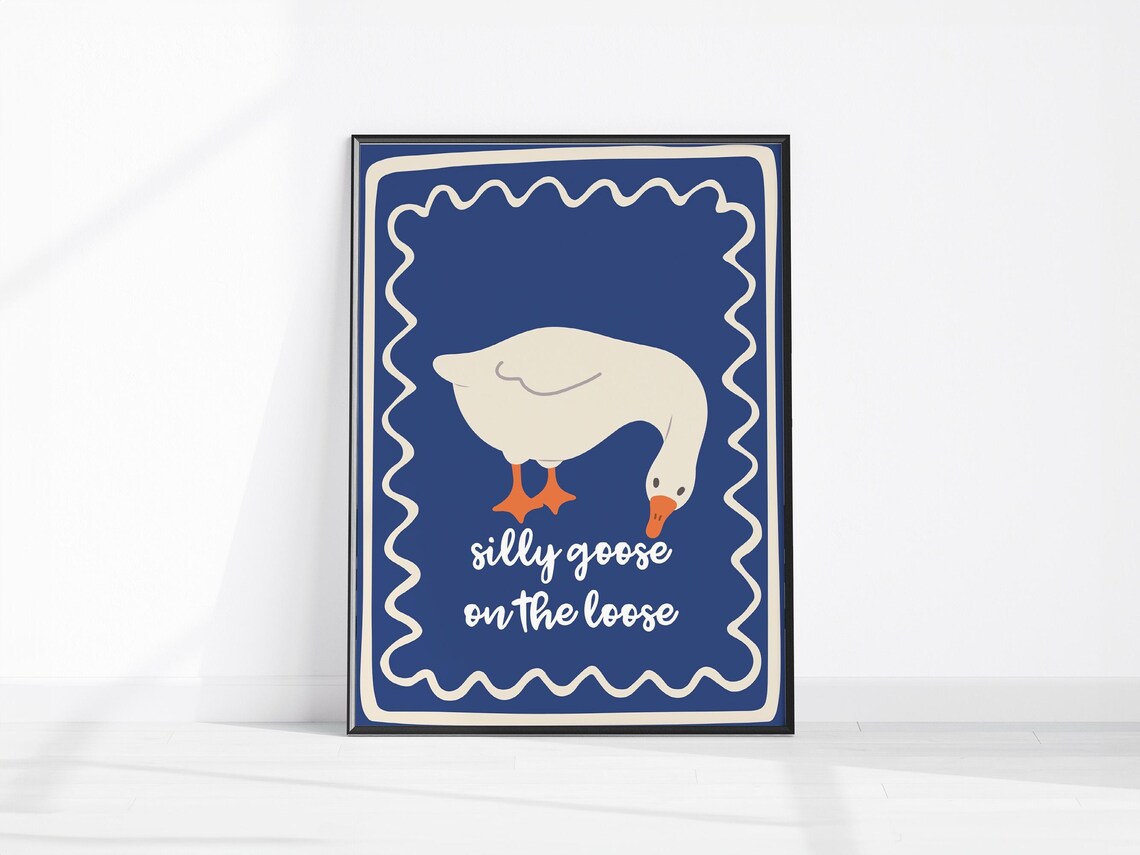 Silly Goose on the Loose Navy Blue Retro Nursery Quote Poster
