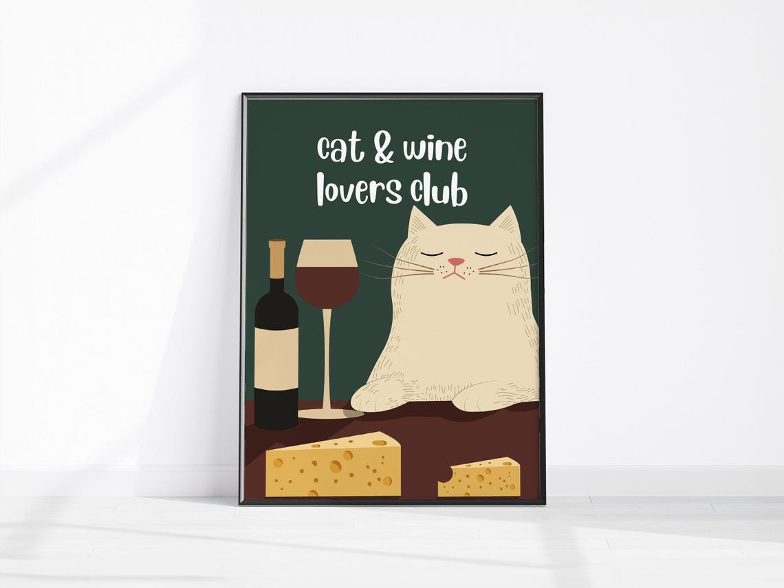 Cat and Wine Lovers Club White Cat Cheese Cute Kitchen Poster