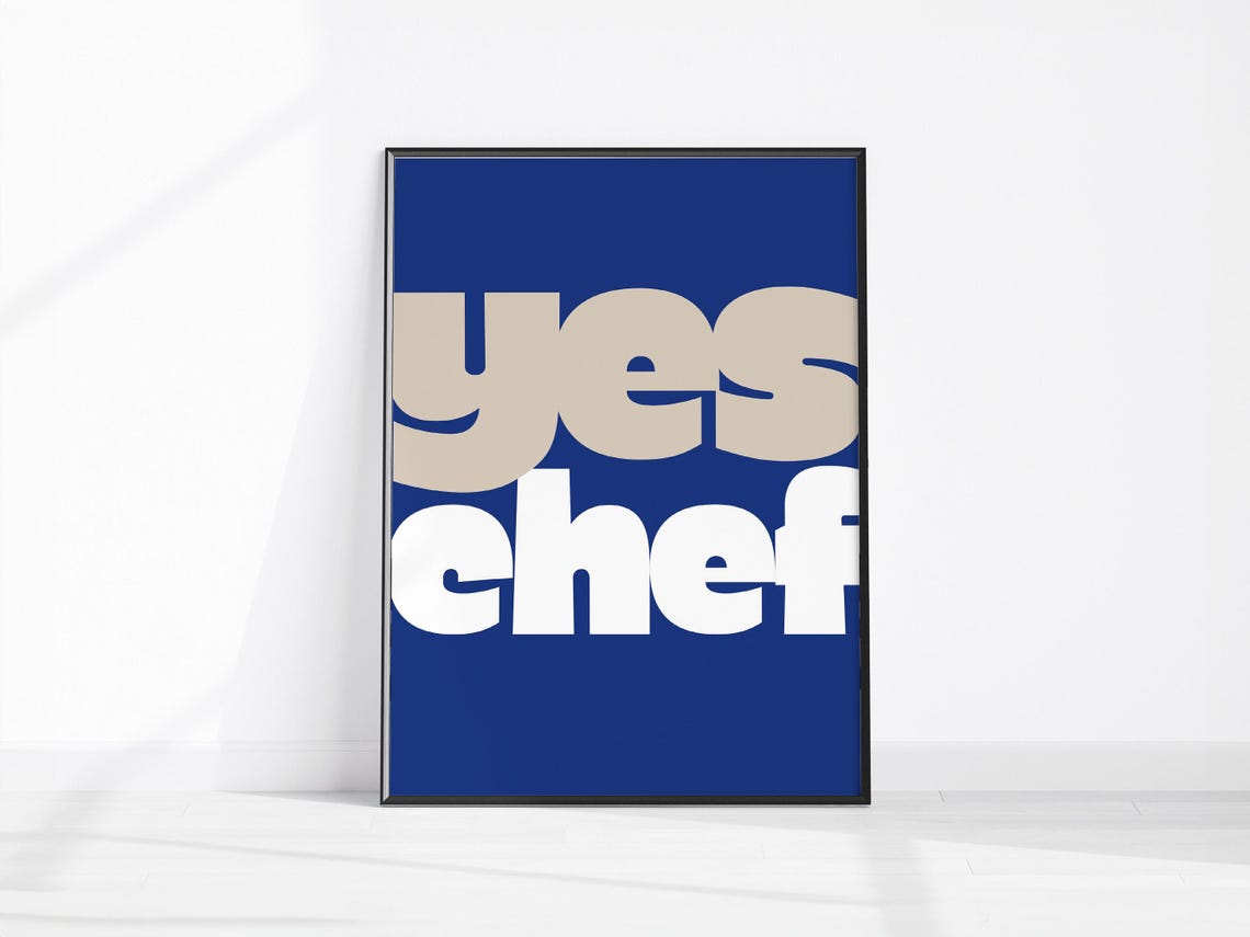 Yes Chef Bold Navy Blue Cream Typography Fun Kitchen Wall Art