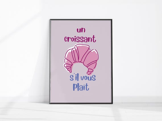 Trendy Croissant Print French Kitchen Poster Pink Purple Breakfast Wall Art Un Sil Vous Plait Retro Dining Room Decor Girly