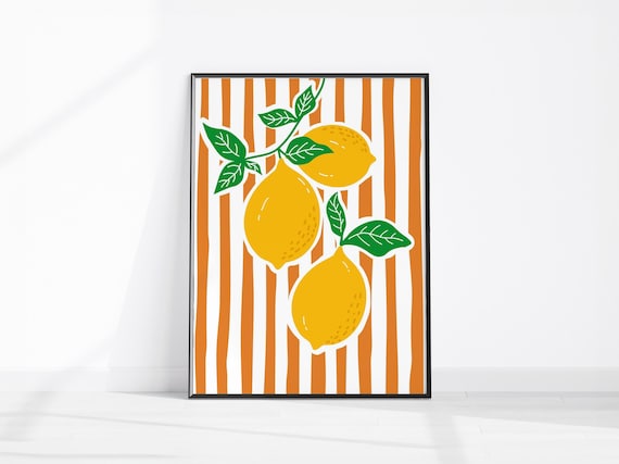 Lemons Art Print And Stripes Modern Wall Kitchen Decor Cute Lemon Trendy Home Fruit Poster