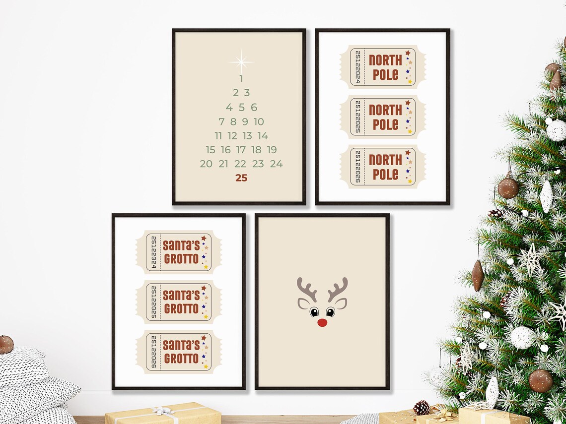 Neutral Christmas Set Of 4 Advent Tickets Reindeer Holiday Art Print