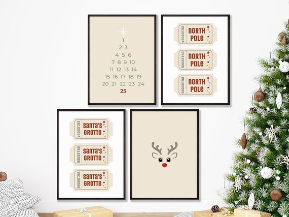 Neutral Christmas Set Of 4 Advent Tickets Reindeer Holiday Art Print