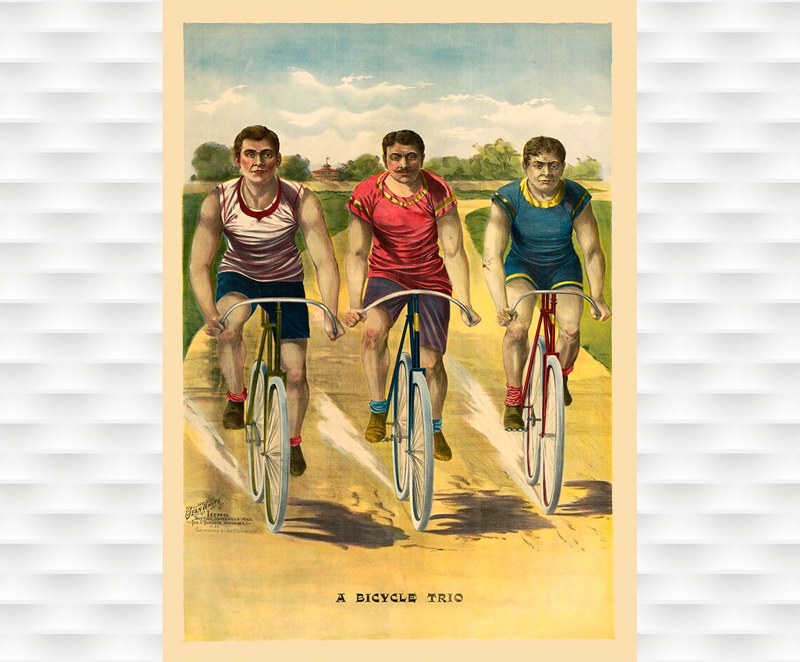 A Bicycle Trio Racing Cyclists 1890s Vintage Antique Sports Poster