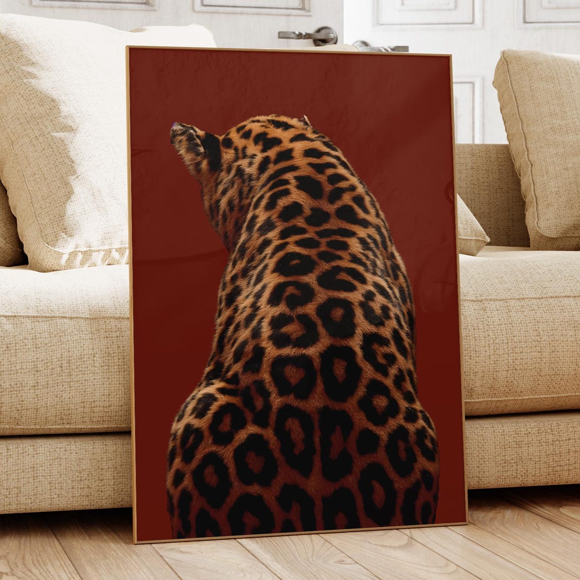 Leopard Back View Wildlife Portrait on Deep Red Background Poster
