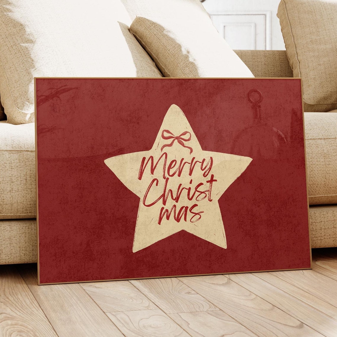Merry Christmas Cream Star Red Background Retro Holiday Script Poster