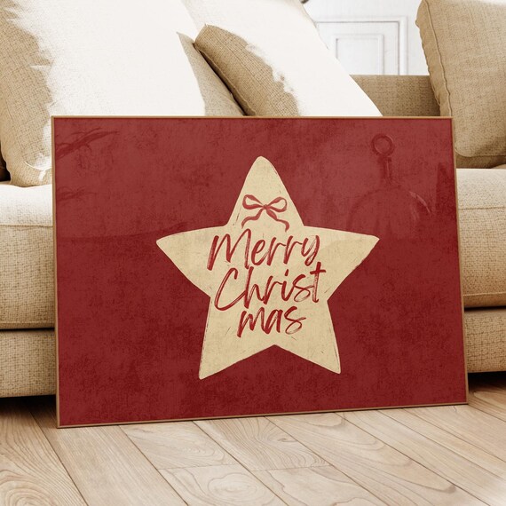 Merry Christmas Cream Star Red Background Retro Holiday Script Poster