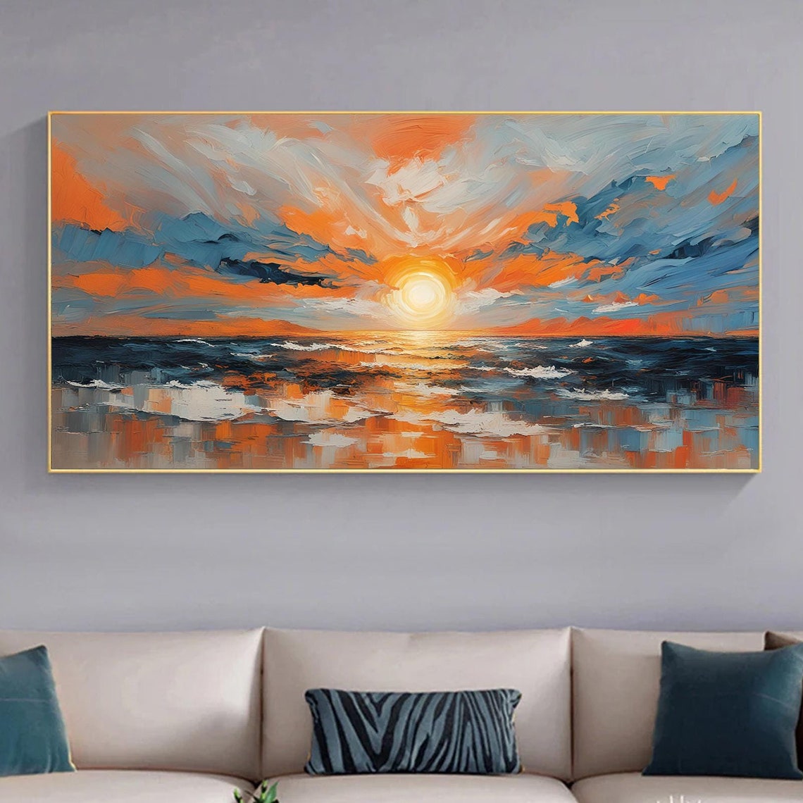Golden Sunset Reflected on Calm Ocean Waves Oil Painting Poster
