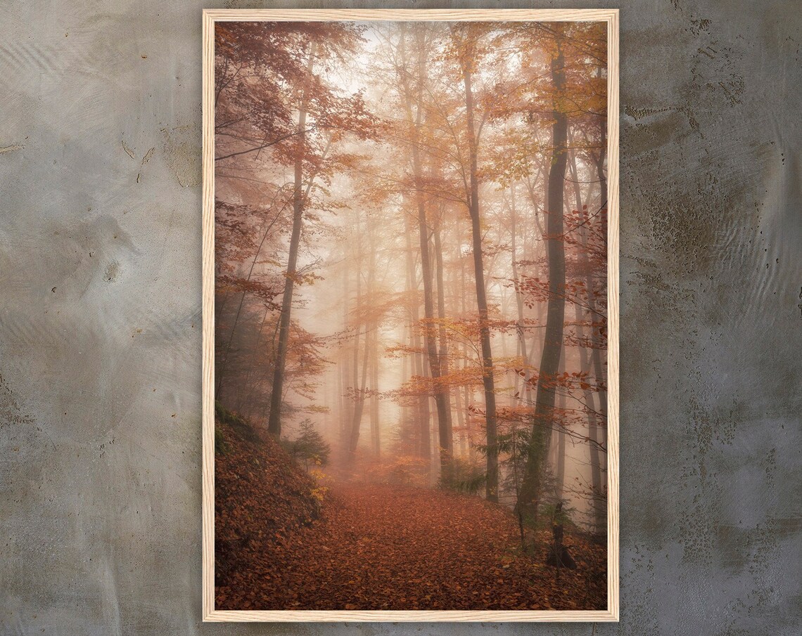 Golden Autumn Path Through Foggy Forest With Fallen Leaves Poster