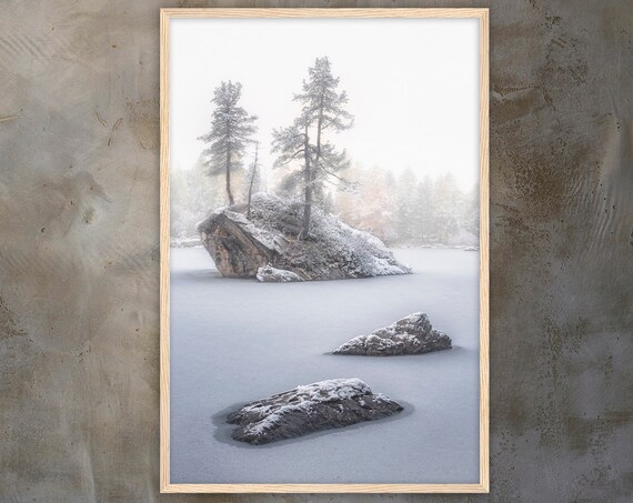 Snowy Rock Island With Pines On A Frozen Misty Winter Lake Poster