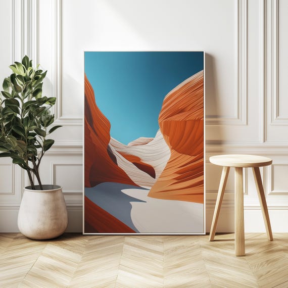 Antelope Canyon Oil Painting Minimalistic Landscape With White Sandstone Orange Rocks Blue Sky Modern Southwestern Wall Art Beautiful