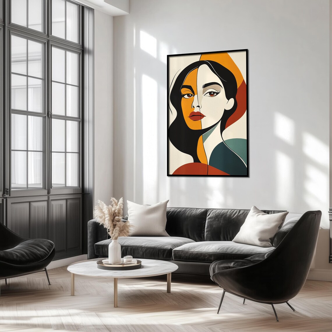 Split Face Female Portrait Retro Geometric Earth Tone Abstract Poster - Image 3