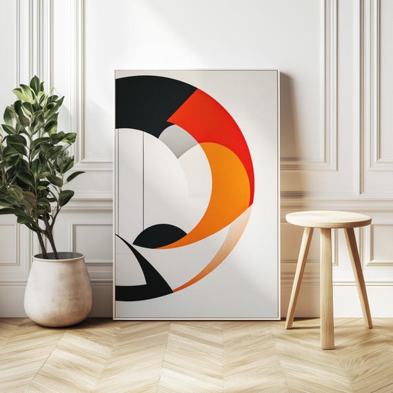 Simple Circular Pop Art Minimalist Space Age Shapes Orange Black Geometric Painting Mid Century Modern White Background Japanese Art