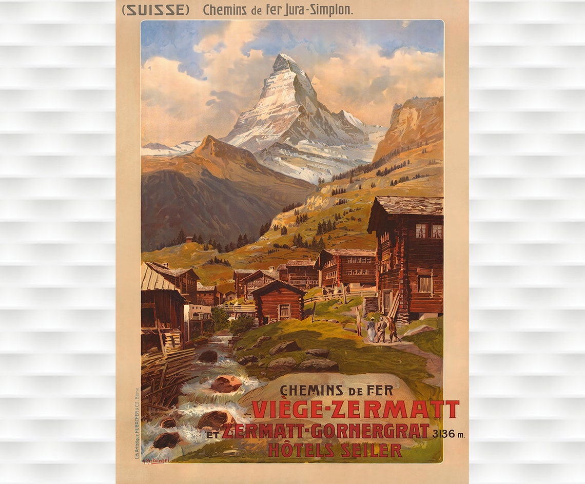 Zermatt Gornergrat Matterhorn Vintage Swiss Railway Travel Poster