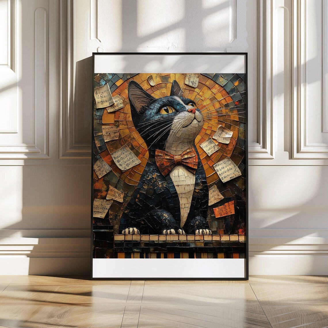 Funny Tuxedo Cat at Piano Poster With Bow Tie and Mosaic Style