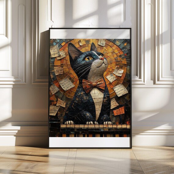 Funny Tuxedo Cat at Piano Poster With Bow Tie and Mosaic Style